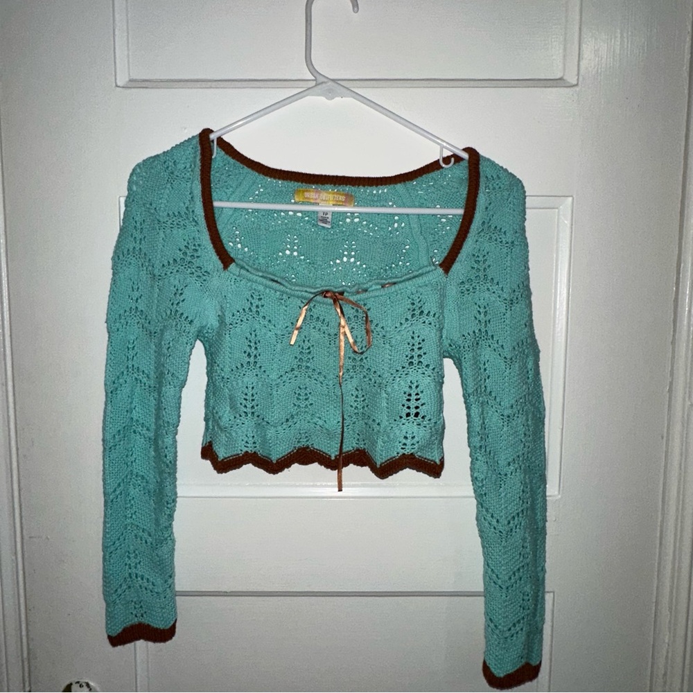 Teal Crochet Sweater with Brown Trim